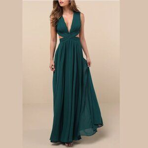 Lulus Green Cutout Chiffon Maxi Dress Small Formal New With Tags Stain MSRP $99